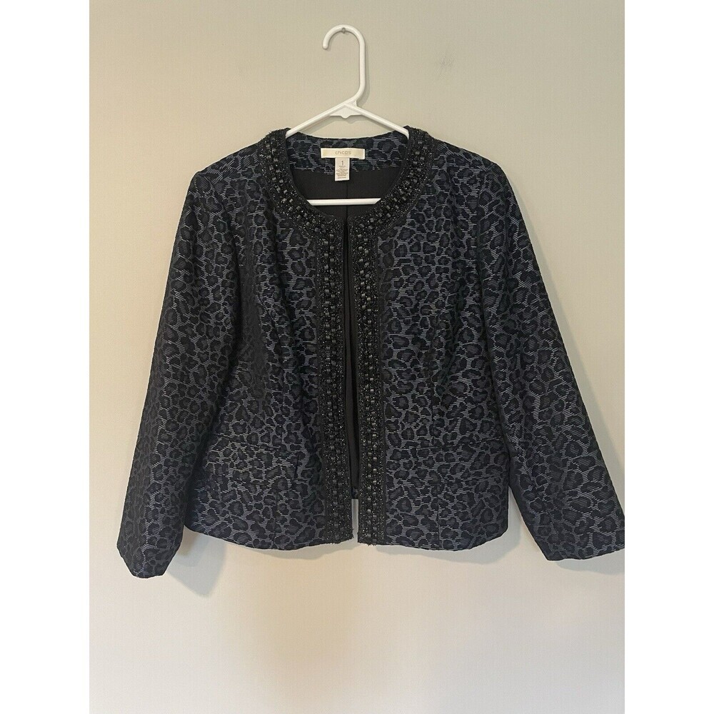 Chicos Women's Open Blazer Animal Print Blue Size 1 M‎ Beaded Trim Mob Wife